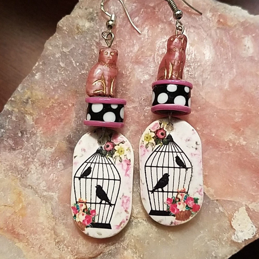 Whimsical Cat and Bird Earrings